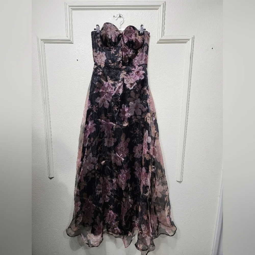 Lulus Exclusive Glamour Black Floral Organza Strapless Maxi Dress S Wedding